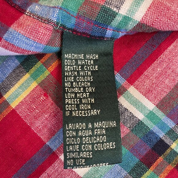 Lauren Ralph Lauren Shirt Women Sz Large 100% Linen Red Plaid Button Up Roll Tab - Picture 7 of 16